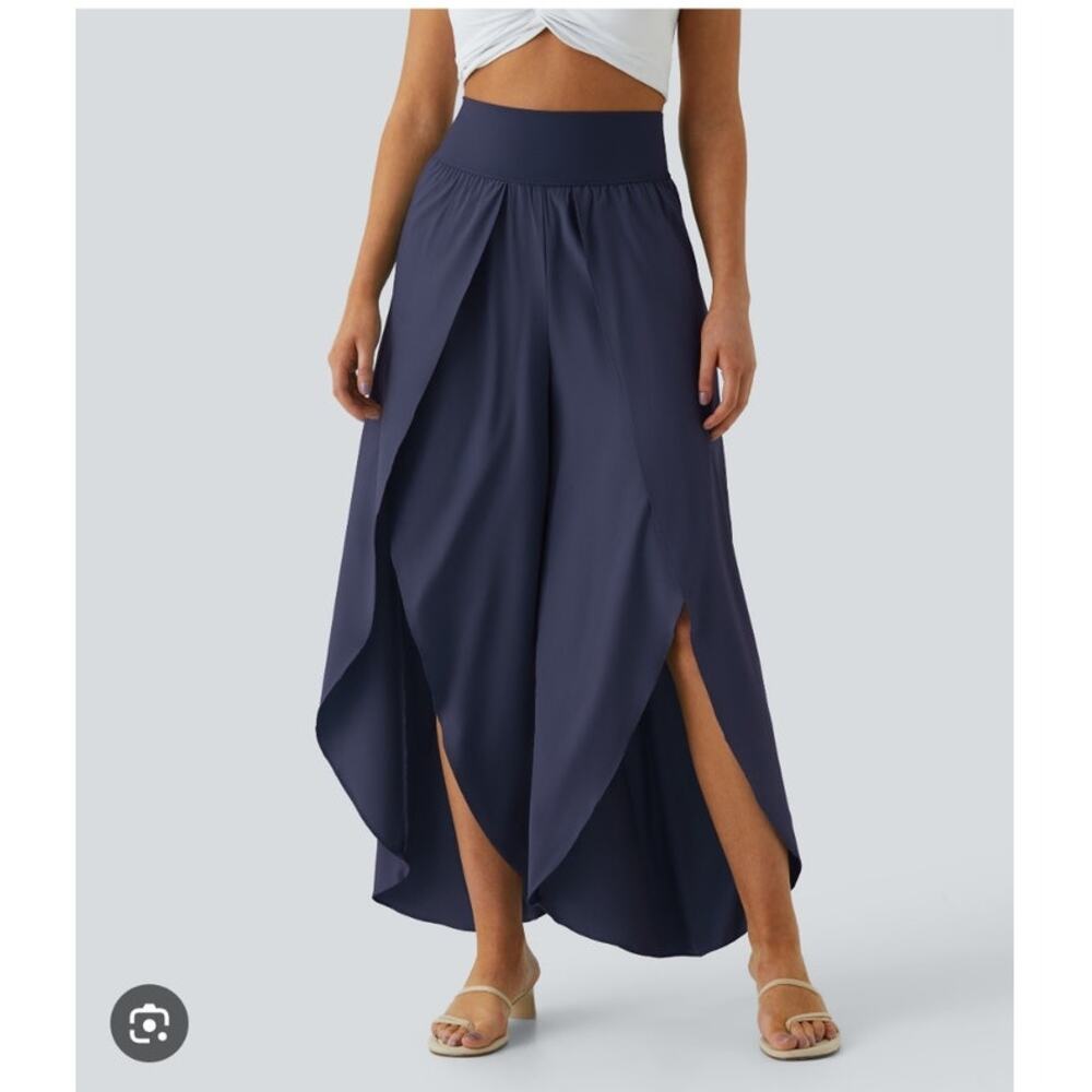 NWT Halara Breezeful High Low Palazzo Pocket Navy Wide Leg Pants SP petite